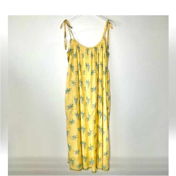 Wrap London Butter Yellow with Blue Palm Trees 100% cotton maxi dress size 14 - Picture 1 of 10